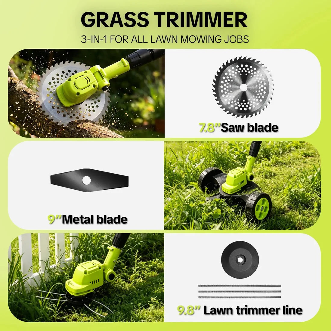 🌿 3‑in‑1 Cordless Lawn Tool – Trimmer, Edger & Mini Mower for Everyday Garden Care