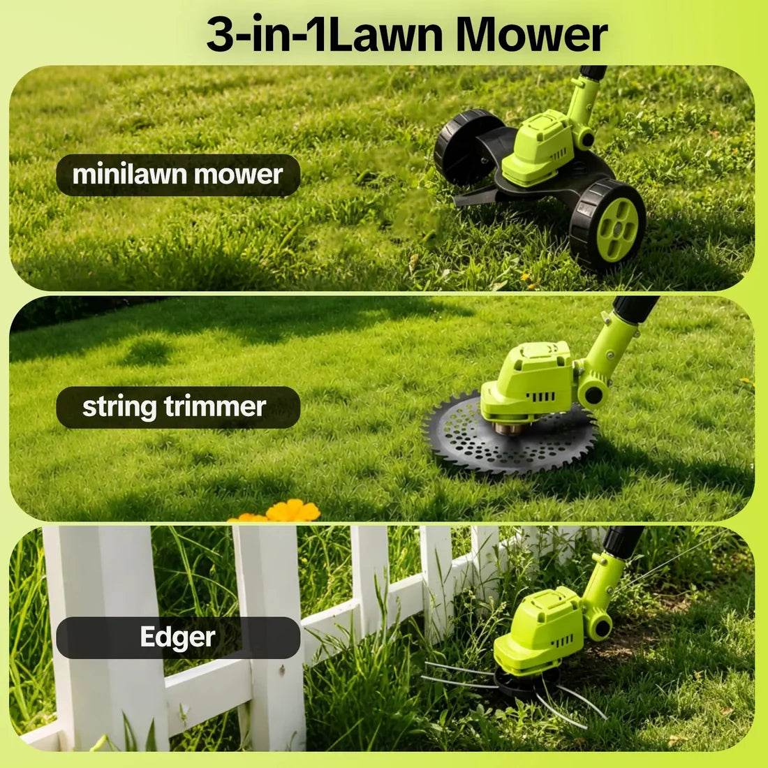 🌿 3‑in‑1 Cordless Lawn Tool – Trimmer, Edger & Mini Mower for Everyday Garden Care