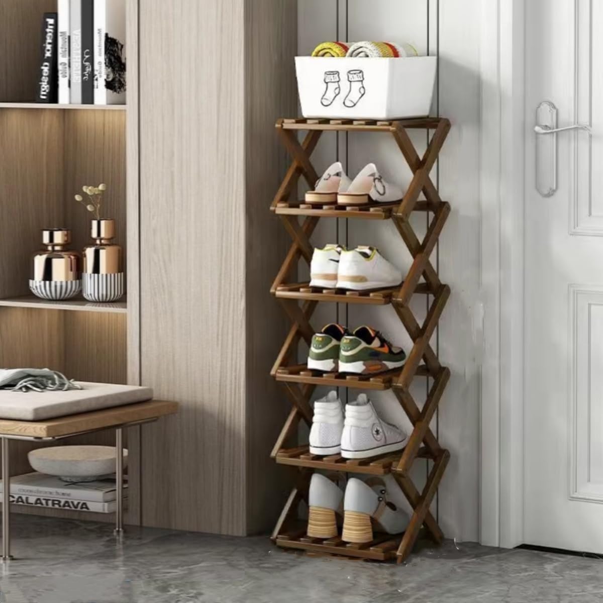 🎋 5‑Tier Foldable Bamboo Shoe Rack – Narrow, Sturdy, No‑Assembly Design for Entryway & Closet