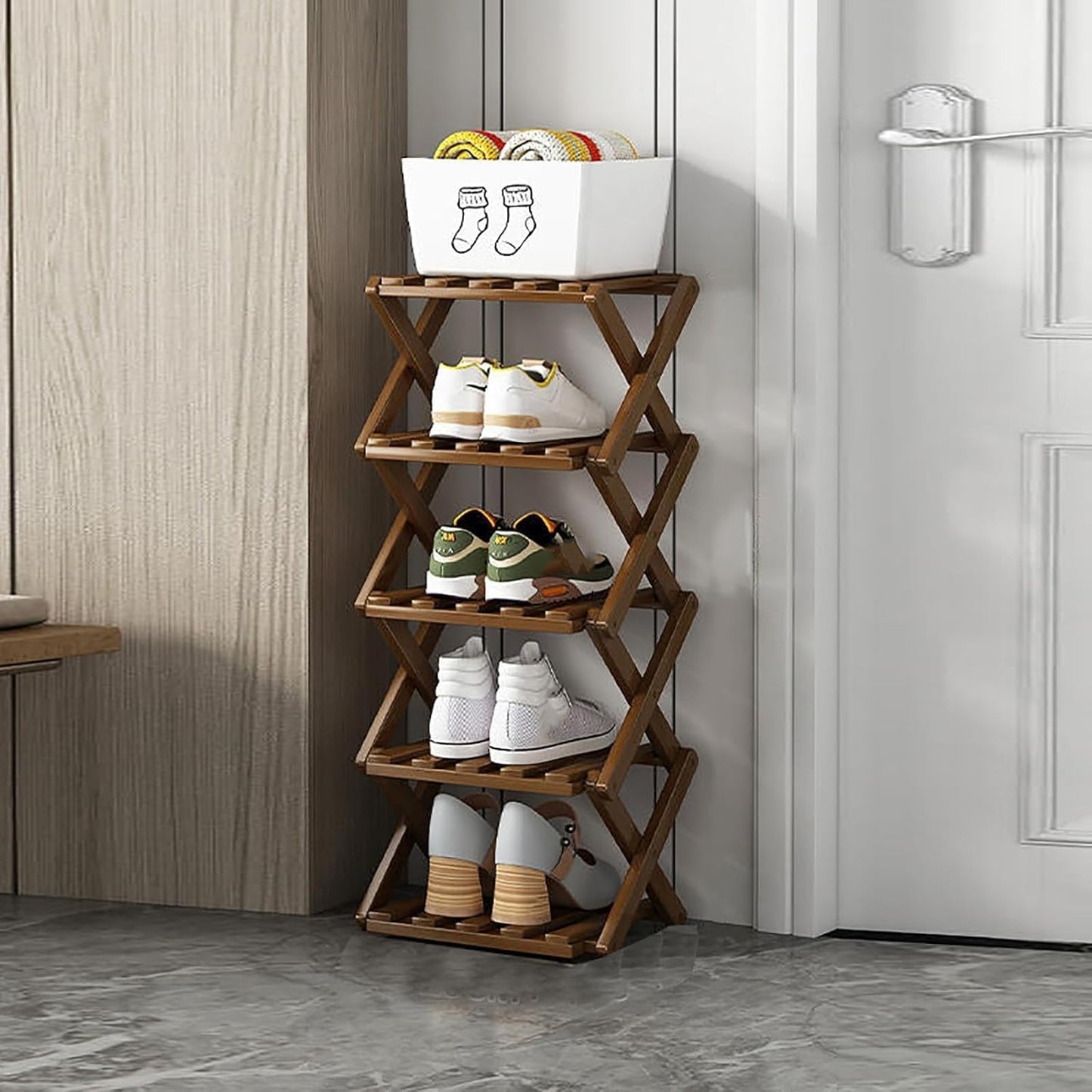 🎋 5‑Tier Foldable Bamboo Shoe Rack – Narrow, Sturdy, No‑Assembly Design for Entryway & Closet